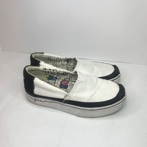 Toms Boardwalk Venice Canvas Platform Slip Ons Flats White Black Monogram Womens